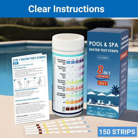8-In-1 Pool Test Strips Kit For Salt Water Pools And Hot Tubs, 150-Count, packaging next to pool with instructions and strips