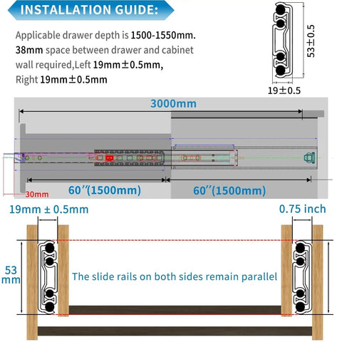 Heavy Duty Locking Drawer Slides 10 Inch Full Extension Side Mount Rails With Ball Bearing For Smooth Quiet Operation 250 Lb Load Capacity Removable Clips For Easy Install installation guide diagram