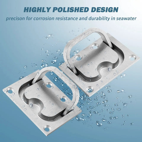 Two Pack 316 Stainless Steel Hatch Pull Flush Ring Handles With Mount Screws for boat decks and home furniture, highly polished.