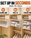 2 Pack Underwear Closet Organizer With Under Shelf Hanging Baskets showing setup instructions; slide, fill, stack for easy organization.