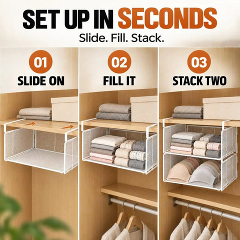 2 Pack Underwear Closet Organizer With Under Shelf Hanging Baskets showing setup instructions; slide, fill, stack for easy organization.
