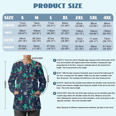 Christmas Holly Womens Snap Front Scrub Jacket In Stretch Fabric Medical Uniform size chart and measurement guide