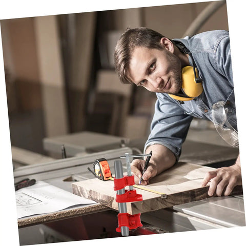 Woodworker using a Lightweight Quick Woodworking Pipe Clamp With Ergonomic Grip For One Hand Operation on a wooden board in a workshop