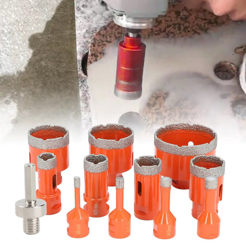 Get Your 11 Piece Diamond Hole Saw Kit For Ceramic Tile Marble Granite And Hard Stone Cutting With M14 Thread And Hex Shank Adapter Featuring Cool Wax For Fast Cooling And Chip Holes In 6 To 68mm Sizes That Rock Any DIY Or Pro Project Without Hassle. 11pc diamond hole saw kit with M14 adapter, shown drilling ceramic tile