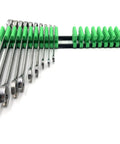 Space Saving Wrench Organizer Set with infinitely adjustable dividers holding multiple wrenches flat on a white background.