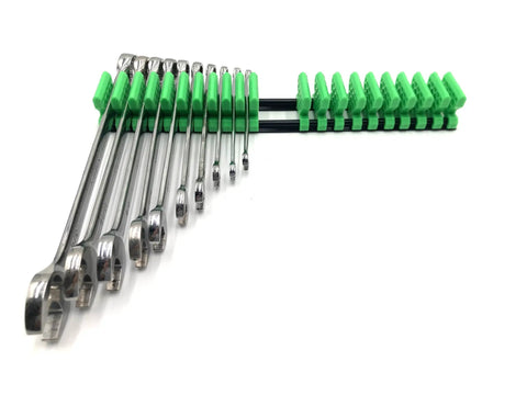 Space Saving Wrench Organizer Set with infinitely adjustable dividers holding multiple wrenches flat on a white background.
