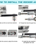 JQDML reciprocating linear actuator with black rocker arm and mounting hardware shown in 24V installation guide.