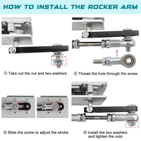 JQDML reciprocating linear actuator with black rocker arm and mounting hardware shown in 24V installation guide.