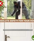 Heavy Duty Door Security Bar With Brackets Kit For Front Door installed, showing prevention of break-in attempt