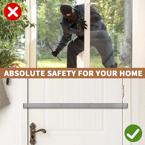 Heavy Duty Door Security Bar With Brackets Kit For Front Door installed, showing prevention of break-in attempt