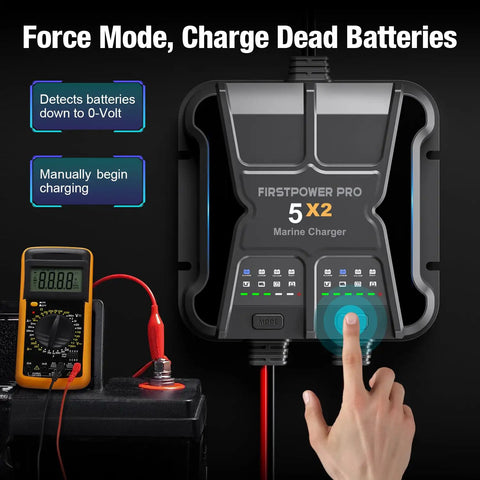 2 Bank Marine Battery Charger 5X2 10A Per Bank 12V Waterproof Onboard Battery Maintainer Desulfator For SLA AGM Lithium LiFePO4 Calcium And Deep Cycle Batteries With Around The Clock Charging Capability