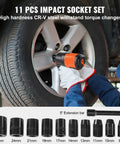 Heavy Duty 4.6 Lb Pneumatic Impact Wrench With 11 Piece 1/2 Inch Drive Steel Socket Set And Portable Carrying Case in use on a tire.