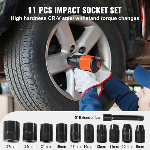 Heavy Duty Pneumatic Impact Wrench Kit Paired With Eleven Half Inch Drive High Torque Steel Sockets Wrapped In A Rugged Canvas Carry Case