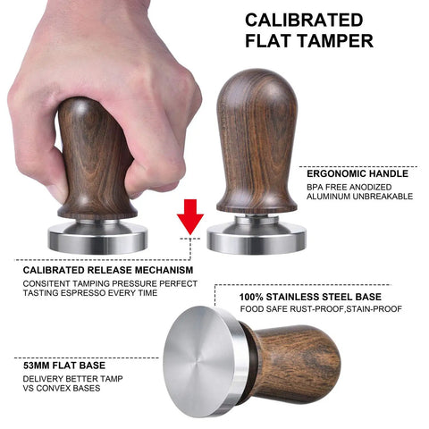 53mm Calibrated Espresso Tamper With Spring Loaded Wooden Handle And Stainless Steel Flat Base For Consistent Extraction