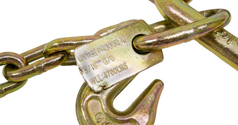 Close-up of G70 V Chain Bridle With Eight Inch Medium J Hooks T Hook And J Hook Grab Hooks Pear Link Top Fittings Two Foot Legs
