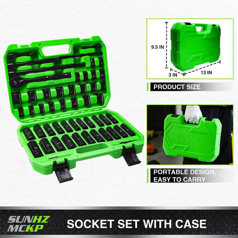 Three Eighth Inch Drive Impact Socket Set With 52 Pieces SAE And Metric Deep And Shallow 6 Point Sockets Includes Ratchet Handle Extension Bars Adapters And Universal Joint Built From CR-V Steel in green case