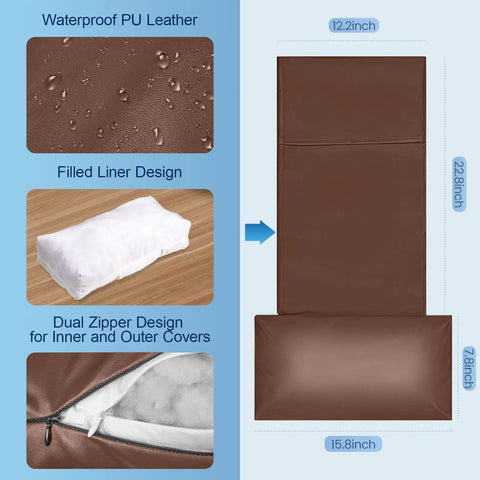 Comfy Premium Leather Recliner Pillow For Neck And Head Support showing dimensions and features like waterproof PU leather and dual zipper.