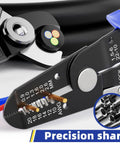 Close-up of DIY Wire Stripper Tools Set 10 To 20 AWG Three Piece Set showing wire measurement and cutting blades