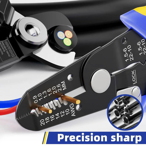 Close-up of DIY Wire Stripper Tools Set 10 To 20 AWG Three Piece Set showing wire measurement and cutting blades