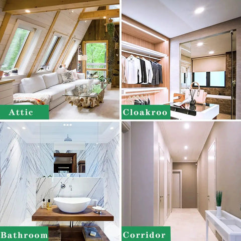 Four rooms illuminated by Six Inch Canless LED Recessed Lights With Jbox Dimmable 5000K 1050LM; attic, closet, bathroom, corridor.