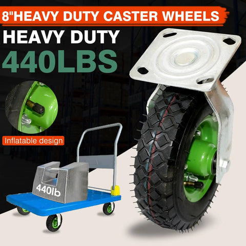 Heavy Duty 8 Inch Pneumatic Caster Wheels Set Of 4 With Rock Solid Swivel and Rigid Air Rubber Tires on cart supporting 440lbs.