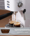 20 Bar Professional Espresso Machine With Milk Frother Steam Wand Compact Latte And Cappuccino Maker Adjustable Shot Volume White Finish Perfect Gift For Coffee Lovers brewing two espresso shots