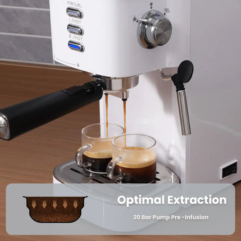 20 Bar Professional Espresso Machine With Milk Frother Steam Wand Compact Latte And Cappuccino Maker Adjustable Shot Volume White Finish Perfect Gift For Coffee Lovers brewing two espresso shots