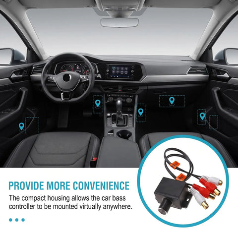 Universal RCA Level Controller With Audio Bass And Volume Control Knob in car interior for easy installation and use.
