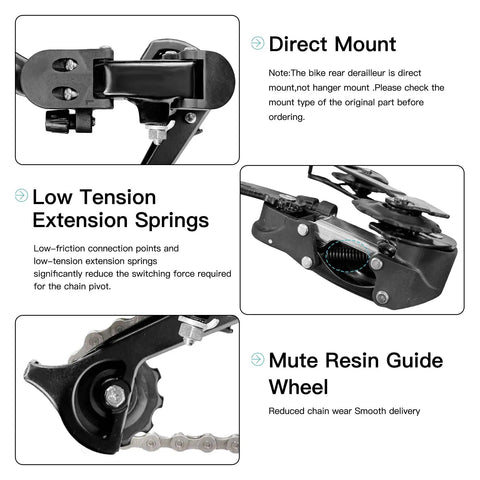 Detailed view of K142 Six Seven Speed Rear Derailleur Hanger Mount for MTB showcasing features: direct mount, low tension springs, quiet guide wheel.