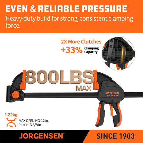 Rock Solid Heavy Duty Bar Clamps 2 Pack 12 Inch with 800 Lbs clamp force shown in black and orange design for woodworking.