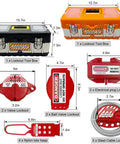 2 In 1 Lockout Tagout Kit For Electrical Safety Includes Clamp On Circuit Breaker Lockouts Universal Multi Pole Breaker Hasps Tags Heavy Duty Padlocks Plugs Cables And Valves A Pro Grade OSHA Compliant Worksite Lockout Solution with detailed contents labeled, including lockout boxes, plug lockouts, nylon hasp, and cable lockout.