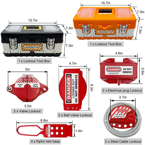 2 In 1 Lockout Tagout Kit For Electrical Safety Includes Clamp On Circuit Breaker Lockouts Universal Multi Pole Breaker Hasps Tags Heavy Duty Padlocks Plugs Cables And Valves A Pro Grade OSHA Compliant Worksite Lockout Solution with detailed contents labeled, including lockout boxes, plug lockouts, nylon hasp, and cable lockout.