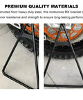 Heavy Duty Dirt Bike Triangle Kickstand With Solid Steel Construction, rear side view holding a dirt bike wheel for 80-500cc models.