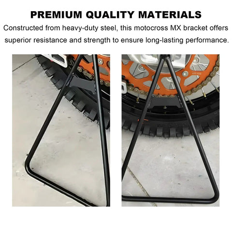 Heavy Duty Dirt Bike Triangle Kickstand With Solid Steel Construction, rear side view holding a dirt bike wheel for 80-500cc models.