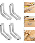 Stainless Steel L Shaped Brackets For Furniture Frames And Wood Shelves With Slotted Design 20 Pack displayed with tools