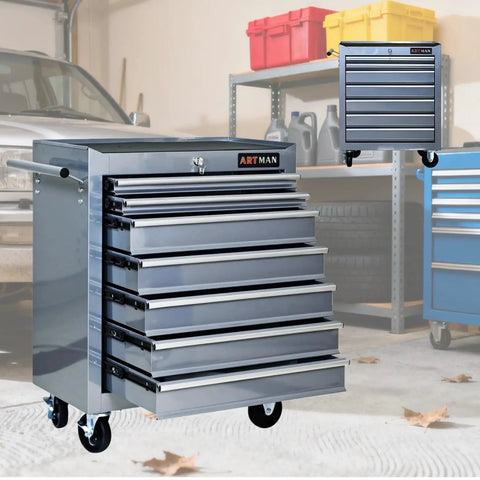 Silver 7-Drawer Mobile Tool Cart With Wheels And Locking Drawers, Steel Workshop Trolley For Garage Organization