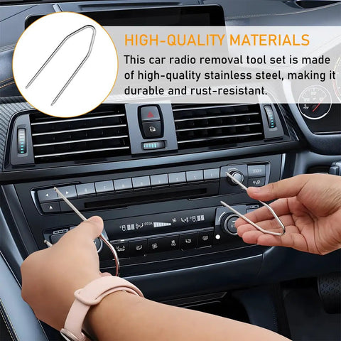 Hands using 4 Piece Car Radio Removal Pry Tool Set V Shaped Stainless Steel Stereo Release Tools Kit For Vehicle Audio Dash Disassembly Universal For Most Vehicles Heavy Duty.