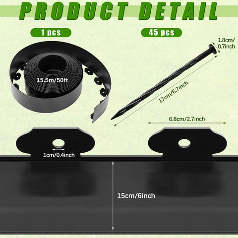 Six Inch By Fifty Foot Landscape Edging Kit Plastic Border showing rolled edging and anchoring spike details