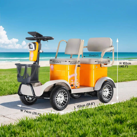 Haoweih 4 Passenger Electric Golf Cart For Adults And Seniors, 20 Mile Range, 440 Lb Capacity, Low Speed Lsv, side view with dimensions displayed.