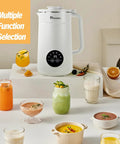 All In One Nut Milk Maker With 35 Oz Capacity, 10 Blades, One Touch Start, surrounded by various drinks on a countertop