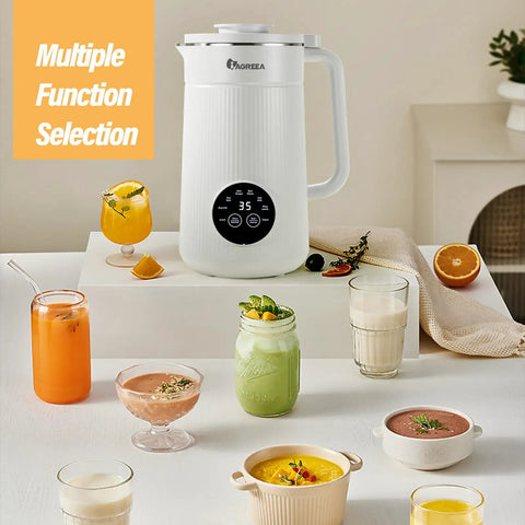 All In One Nut Milk Maker With 35 Oz Capacity, 10 Blades, One Touch Start, surrounded by various drinks on a countertop