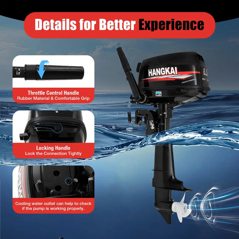 4 Stroke 6.5 Hp Outboard Motor For Boats With CDI Ignition, showing throttle, locking handle, and cooling system, water background