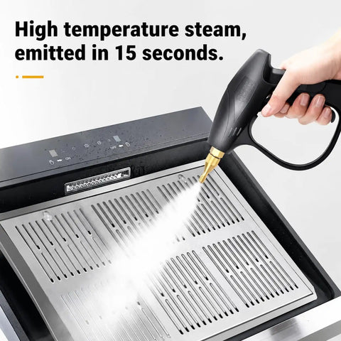 Piudoiliy 3200W High Pressure Commercial Steam Cleaner With 5 Bar Force And Auto Pump spraying high temperature steam on stainless surface.