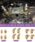 Image of All In One SAE And Metric Brass Grease Nipple Kit With Caps 156 Pcs showing straight, 45, and 90-degree angled zerk fittings.