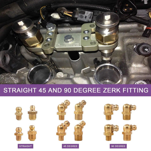 Image of All In One SAE And Metric Brass Grease Nipple Kit With Caps 156 Pcs showing straight, 45, and 90-degree angled zerk fittings.