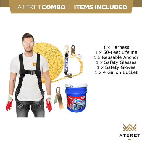 Roofer Ready Roof Harness Safety Kit With 50 Ft Vertical Lifeline, Reusable Anchor And Storage Bucket visible with included items