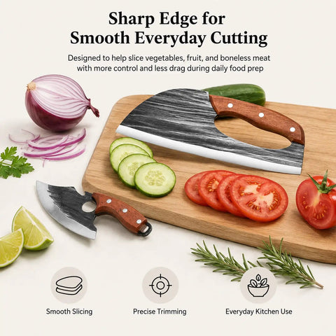 Two Piece Hand Forged Chef Knife And Boning Knife Set With Wooden Handle And Leather Sheath on cutting board with sliced vegetables