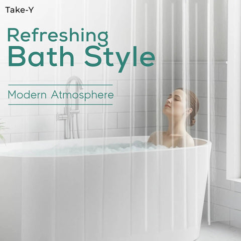 Woman relaxing in a bathtub behind a Premium PEVA Shower Curtain Liner 72x72 Inches Waterproof With Rustproof Grommets.