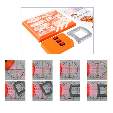 Optical Physics Experiment Kit with reflector, triangular prism, convex lens, linear light source for classroom teaching.