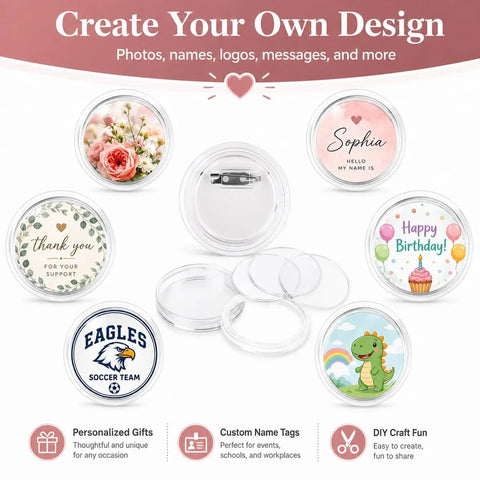 Kickstart Your Craft Hustle With This Dope Twelve Pack Clear Button Maker Kit Featuring 1.77 Inch Acrylic Photo Badges And Strong Pins For Total Vibe Custom Name Tags And Zero Hassle DIY Stuff You Actually Love Making Daily, showcasing personalized designs and clear button blanks.